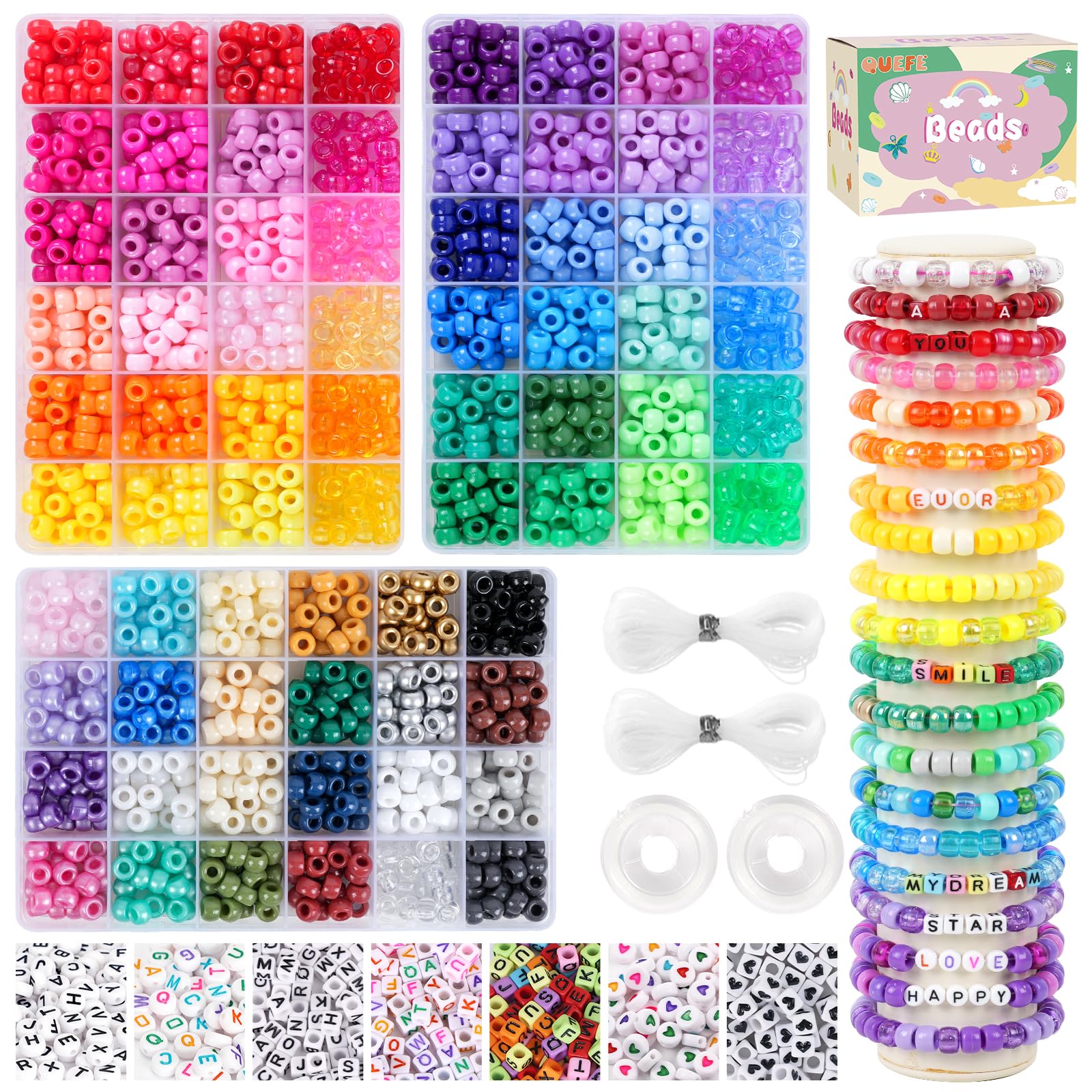 QUEFE 3000 piezas, 72 colores, kit de fabricación de pulseras de cuentas de poni para adultos, kit de pulseras de la amistad con cuentas Kandi arcoíris, cuentas de letras para hacer joyas con cuerdas