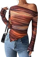 PRETTYGARDEN Women's Off Shoulder Y2K Tie Dye Mesh Long Sleeve Asymmetrical Ruched Floral Blouse - Fall Trendy Tops