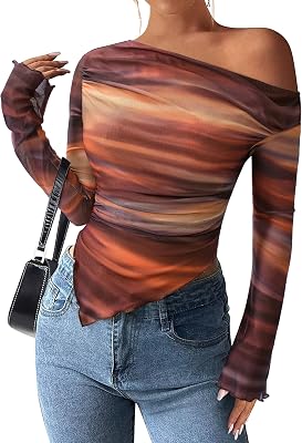 PRETTYGARDEN Womens Fall Trendy Off Shoulder Y2k Tops 2026 Tie Dye Mesh Long Sleeve Shirts Asymmetrical Ruched Floral Blouse OEKO-TEX STANDARD 100