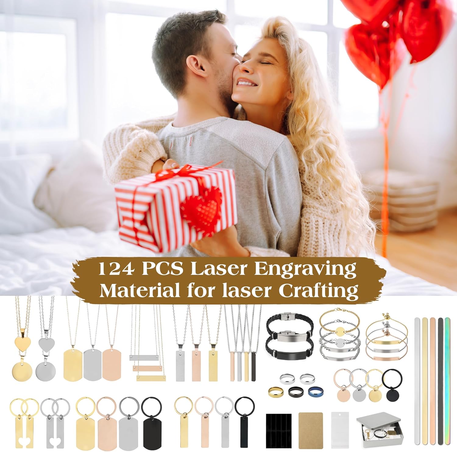 124PCS Laser Engraving Materials Kit Include 52 PCS Laser Engraving Blanks,Jewelry Making Laser Engraver Accessories for All Laser Engravers with Necklace,Bracelet,Ring,Keychain,Laser Marking Paper
