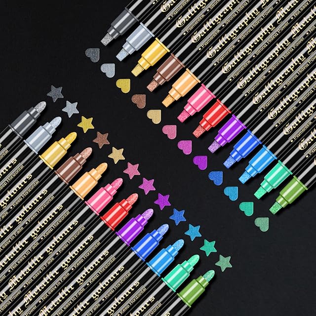 Metallic Marker Pens, 12 Colors Dual Tip Metallic Pens for Black Paper Mother Day Gift Card, Gold Silver Paint Metallic Pens for Scrapbooking Accessories, for Glass Rock Wood Painting Girls Gift
