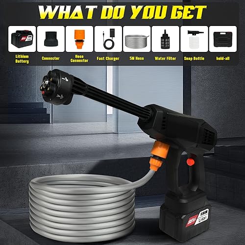 Miniatura 7 de Lavadora a presión portátil inalámbrica, boquilla 6 en 1, motor eléctrico sin escobillas, 1 batería recargable, limpiador de mano pistola de agua