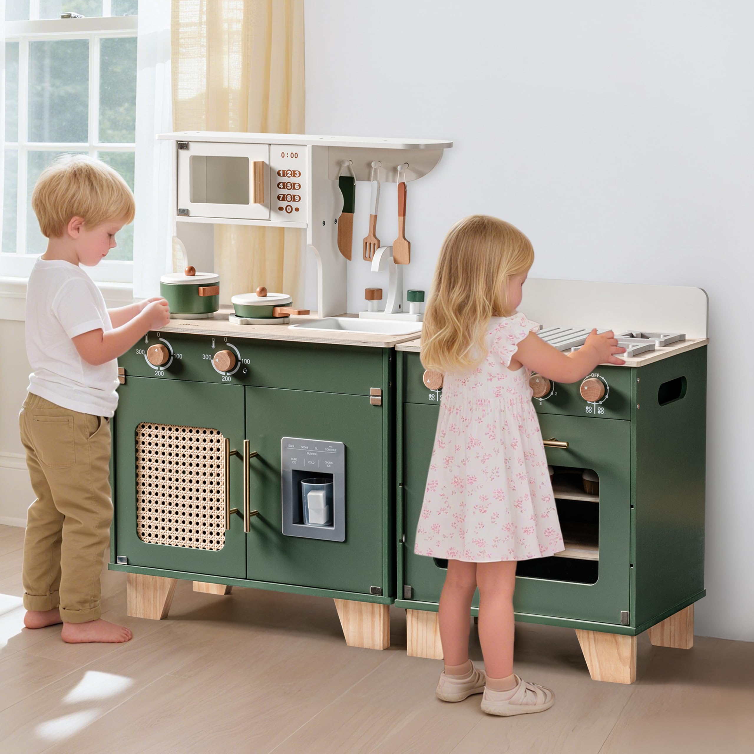 ROBOTIME Spielküche Holz mit Kühlschrank und Backofen, ab 3 Jahren | 3-in-1 Kinderküche Zubehör mit Eisspender, Spüle, Herd, Stauraum und Küchenutensilien, Vintage-Grün, Geschenk für Kinder