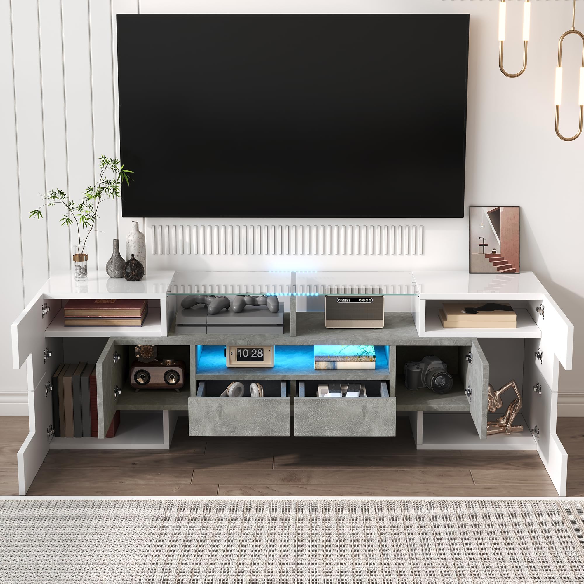 Elegante mobile TV da 145 cm, colore bianco lucido, banco TV con illuminazione LED e piano in vetro per soggiorno, design moderno (bianco e grigio, 145 cm)
