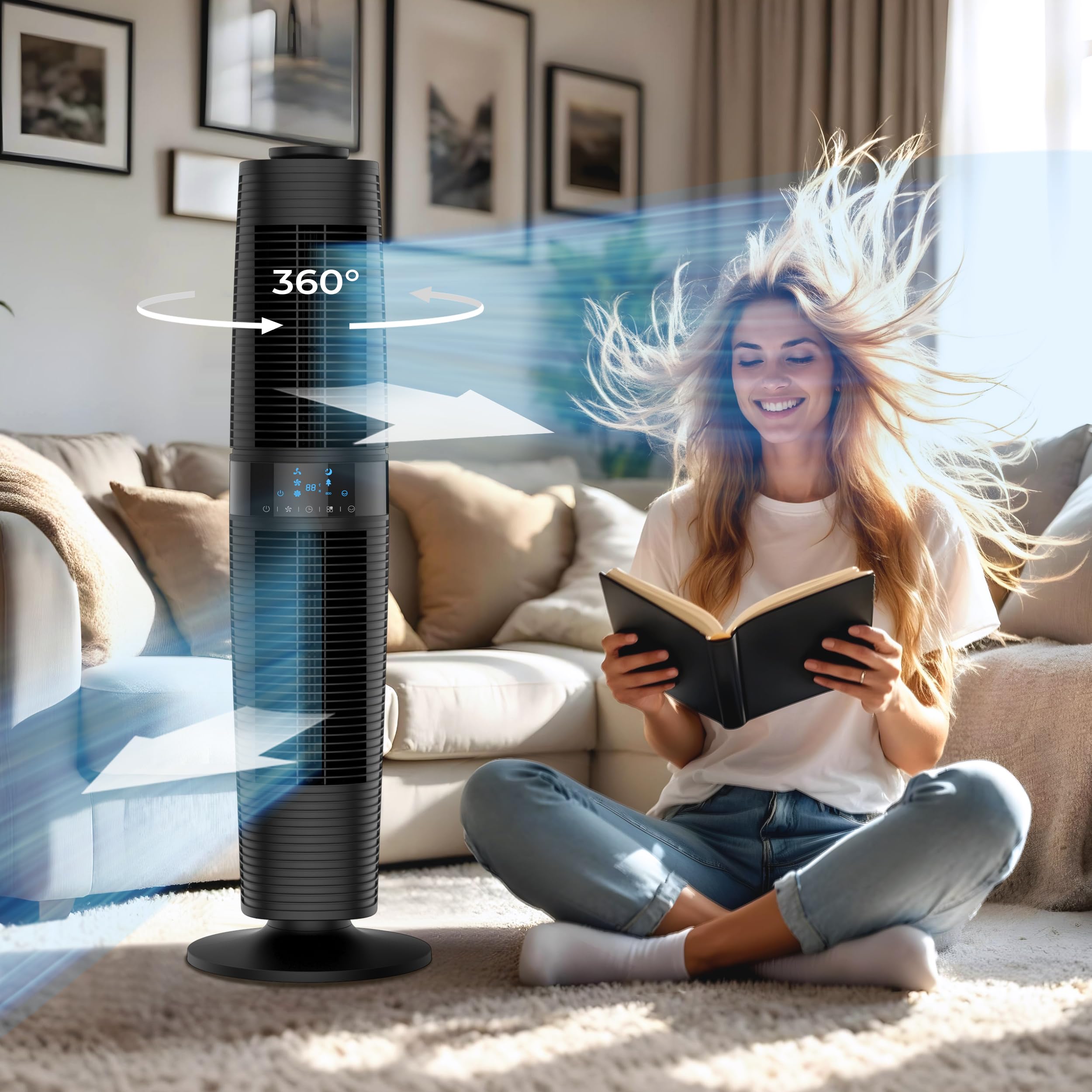 Turmventilator FLOW 360 Dual Air 360° 3 Stufen Timer 8h 96,8 cm Oszillierend 90° 45W Tower Fan Ventilator leise mit Fernbedienung Standventilator groß Ventilator Schwarz
