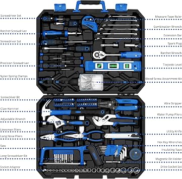 DEKOPRO Tool Set: 228 Piece Home Tool Kit, Household Basic Repair Tool Set with Storage ToolBox, Socket Wrench Set for Car, Hand Tool Box Set for Home - Blue