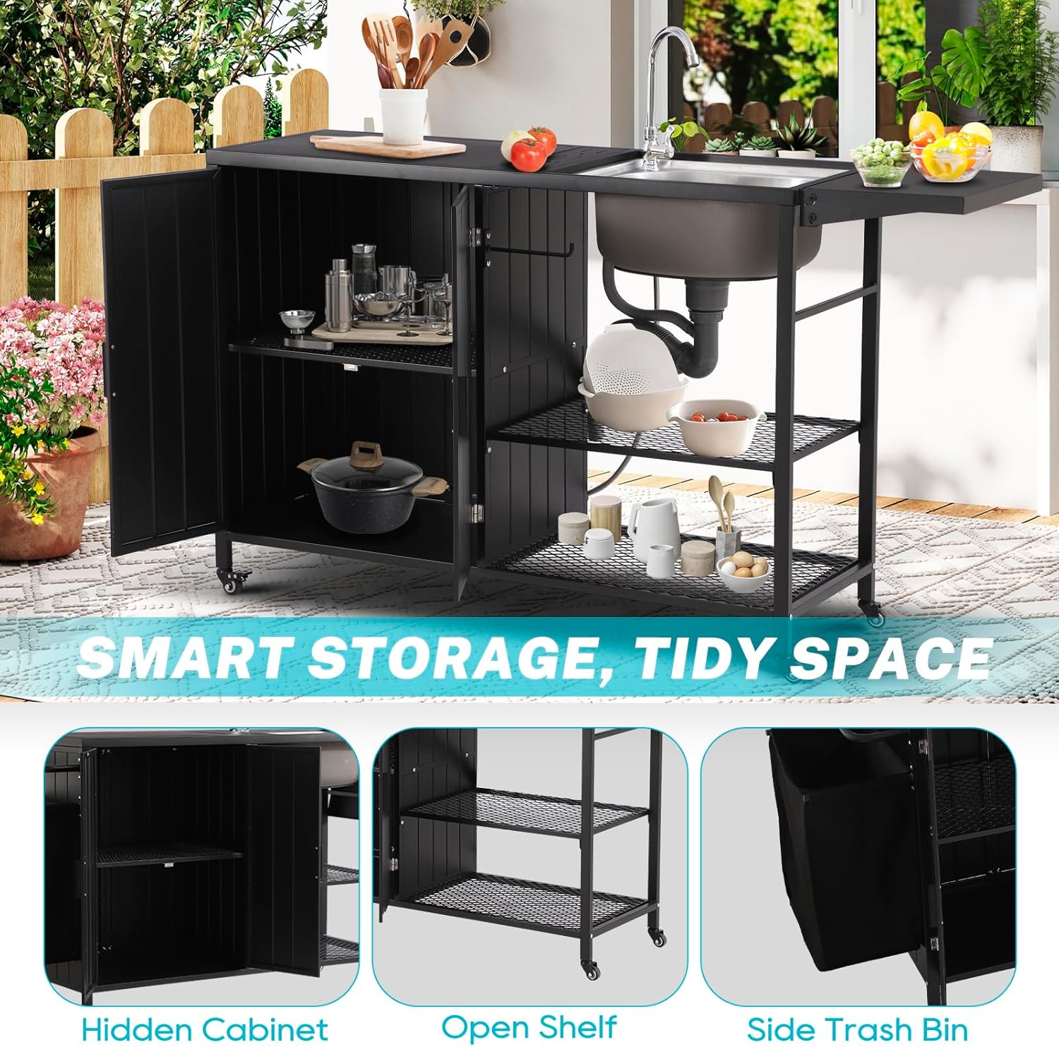 Outdoor Grill Cart with Sink, Grill Sink Station with Storage Shelf & Trash Can, Outdoor Bar Cart Station with Cabinet for Patio, Backyard, Garden, Grilling– Black