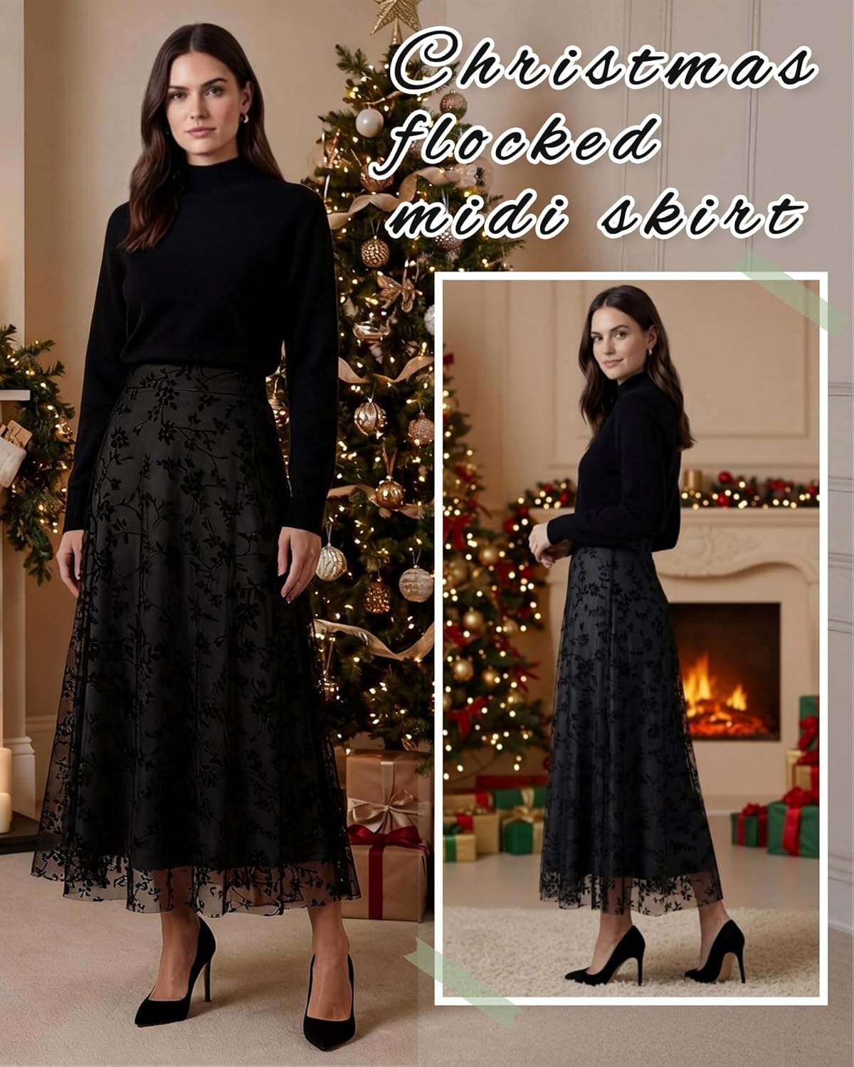 Women Floral Mesh Midi Skirt Boho High Waist Layered Tulle Skirt Flowy A-Line for Spring Fall Travel Wedding Date - Image 3