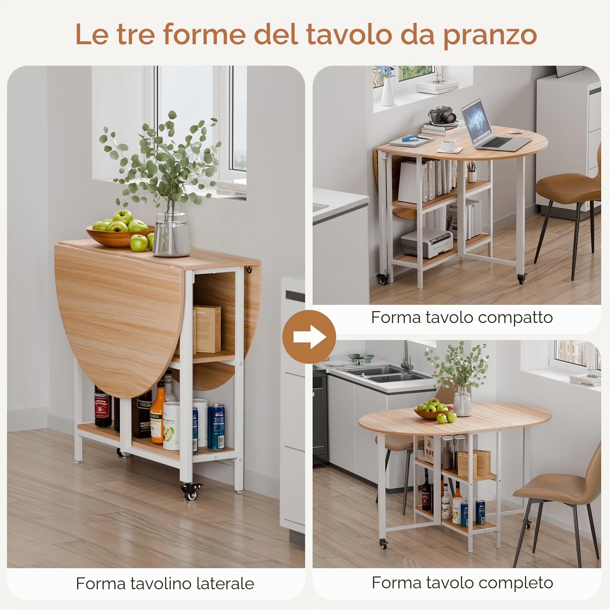 Mondeer Tavolo da pranzo pieghevole mobile con 2 ripiani aperti, design con bordi rotondi, piccoli spazi, sala da pranzo, cucina, 120 x 80 x 75 cm, rovere e bianco