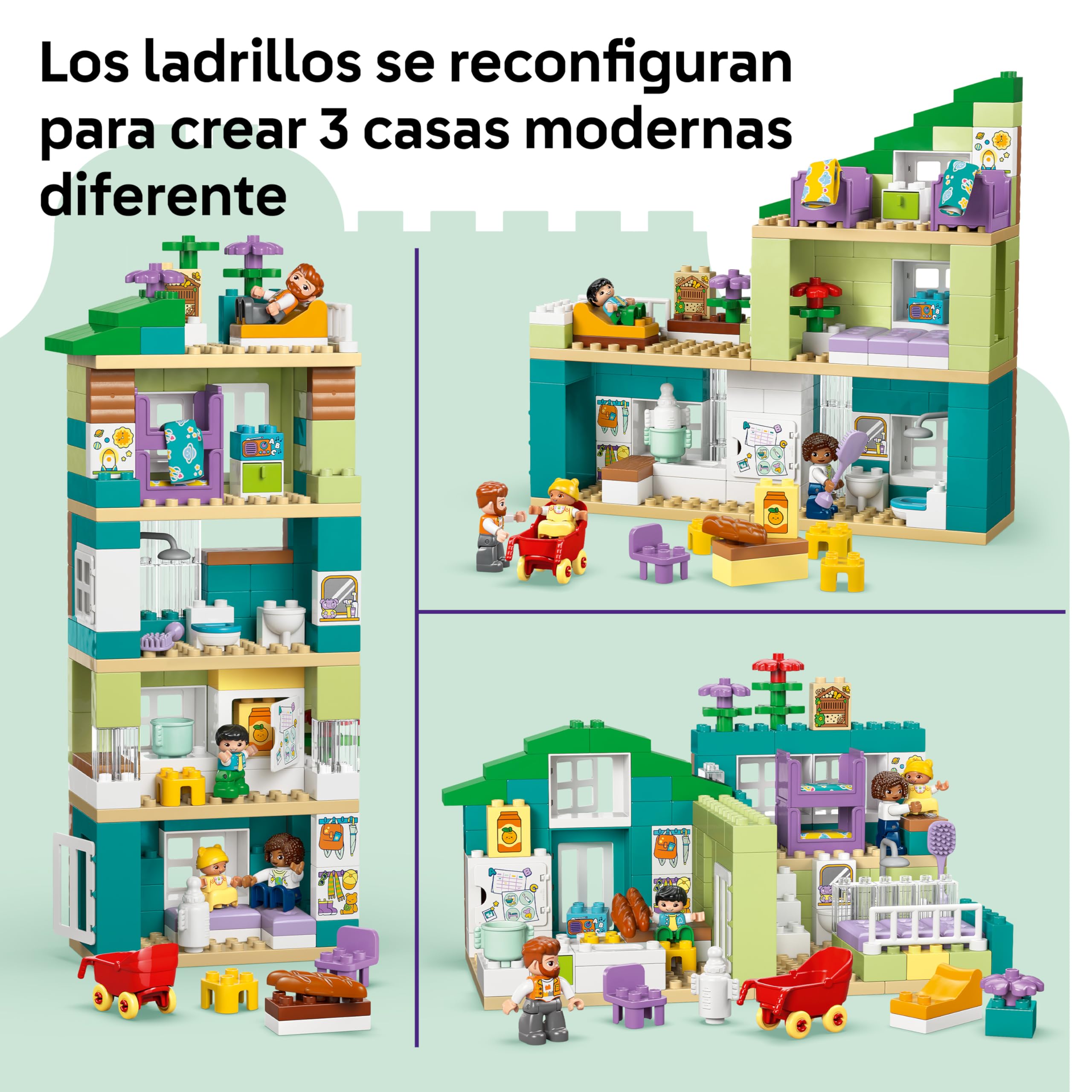 LEGO Duplo Casa Familiar Moderna “3en1” con Figuras - Juego Educativo para la Motricidad Fina - Juguete Montessori Interactivo con Casa de Muñecas - Regalo para Niñas y Niños de 2+ Años - 10470