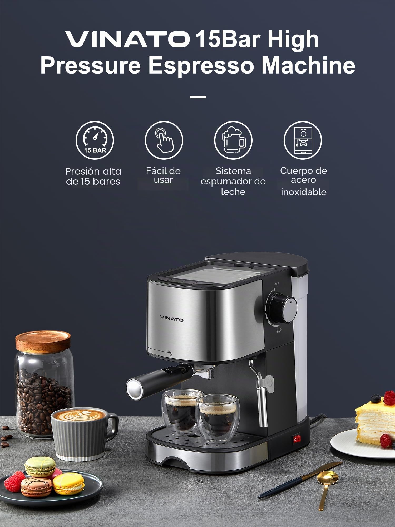 VINATO Cafetera Espresso 15 Bar, Cafetera Espresso con Espumador de Leche Profesional, Pequeña Cafetera Espresso para Cappuccino, Latte & Macchiato