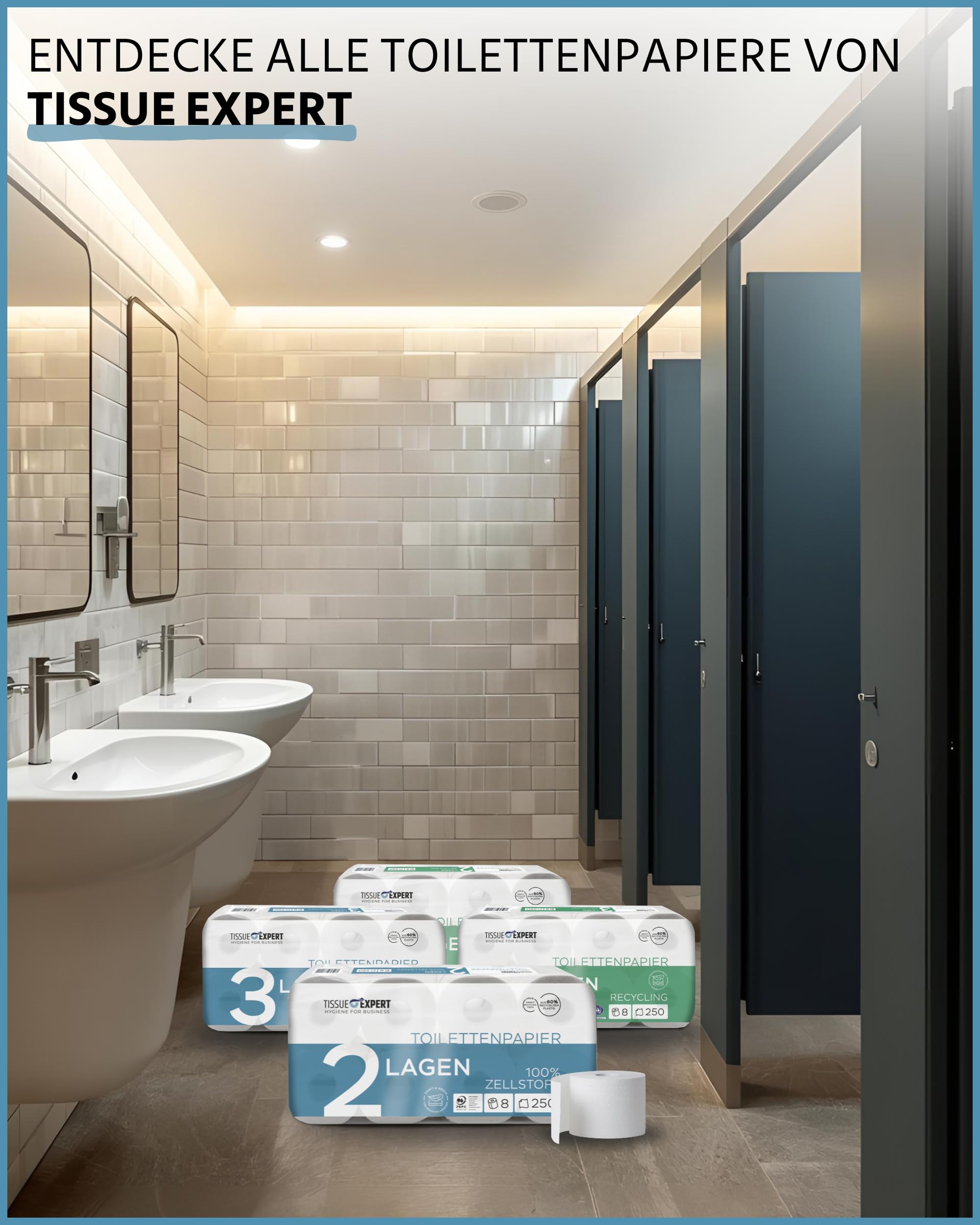 Toilettenpapier 2-lagig | 128 Rollenx250 Blatt | Großpackung | Superweiches weißes Klopapier aus 100% Zellstoff | ideal für Gewerbe & Vielverbraucher | 60% PCR-Verpackung WC Papier
