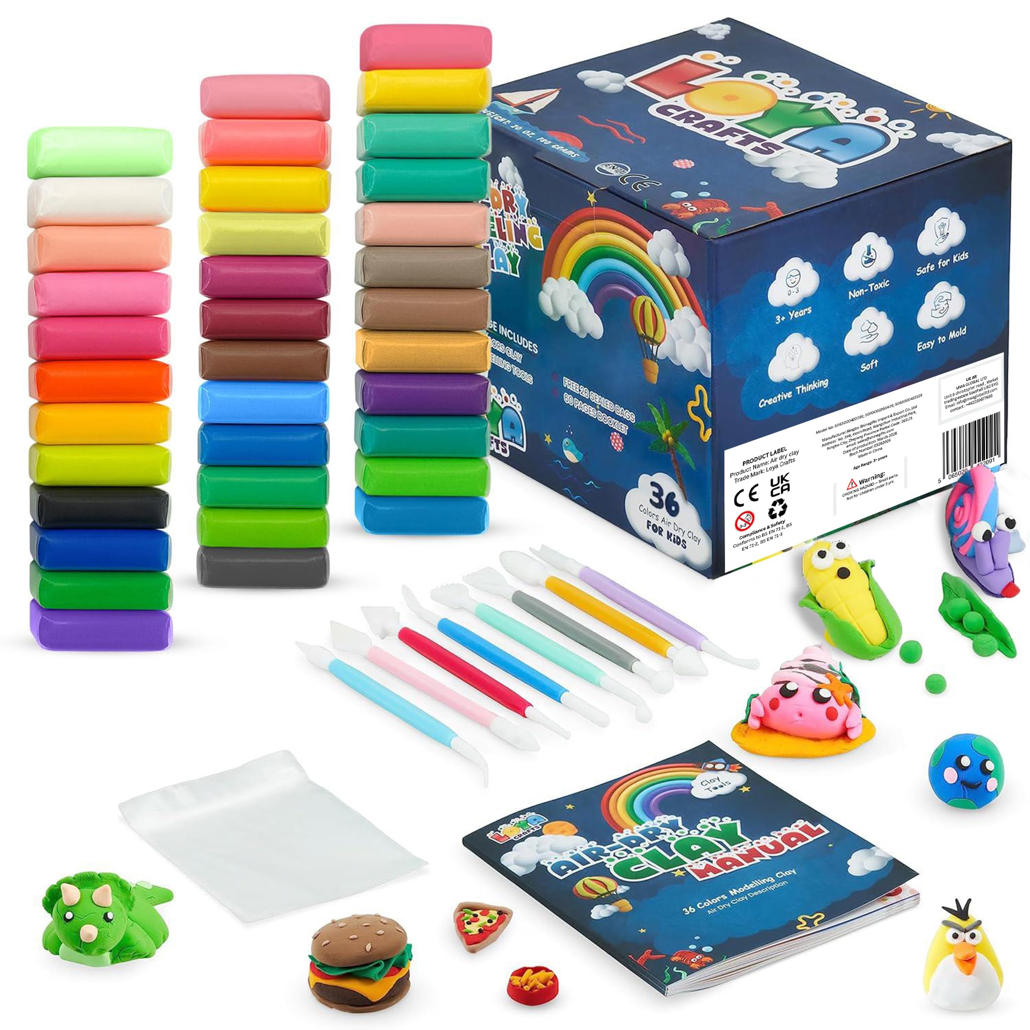 Loya Crafts Air Dry Clay - 36 Colors Modelling Clay for Kids Ultra Light Magic Clay, Soft Modeling Clay with 8 Tools & Booklet, Non-Toxic DIY Clay & Dough, Gift for Children - Budget Pack of 2