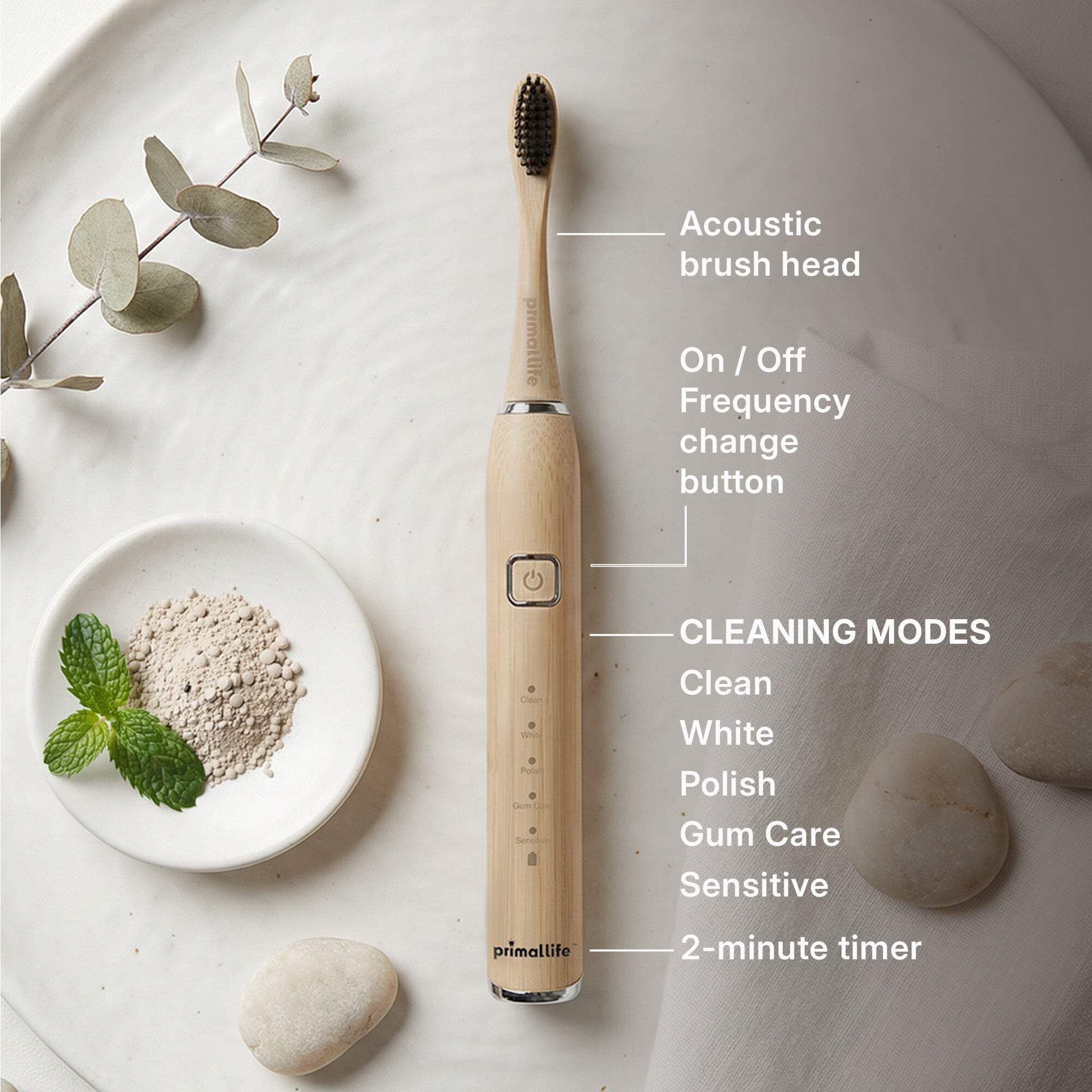 Primal Life Organics - Nuovo vero spazzolino da denti Sonic Vibration bianco, pennello infuso al carbone di bambù, ecologico, non OGM