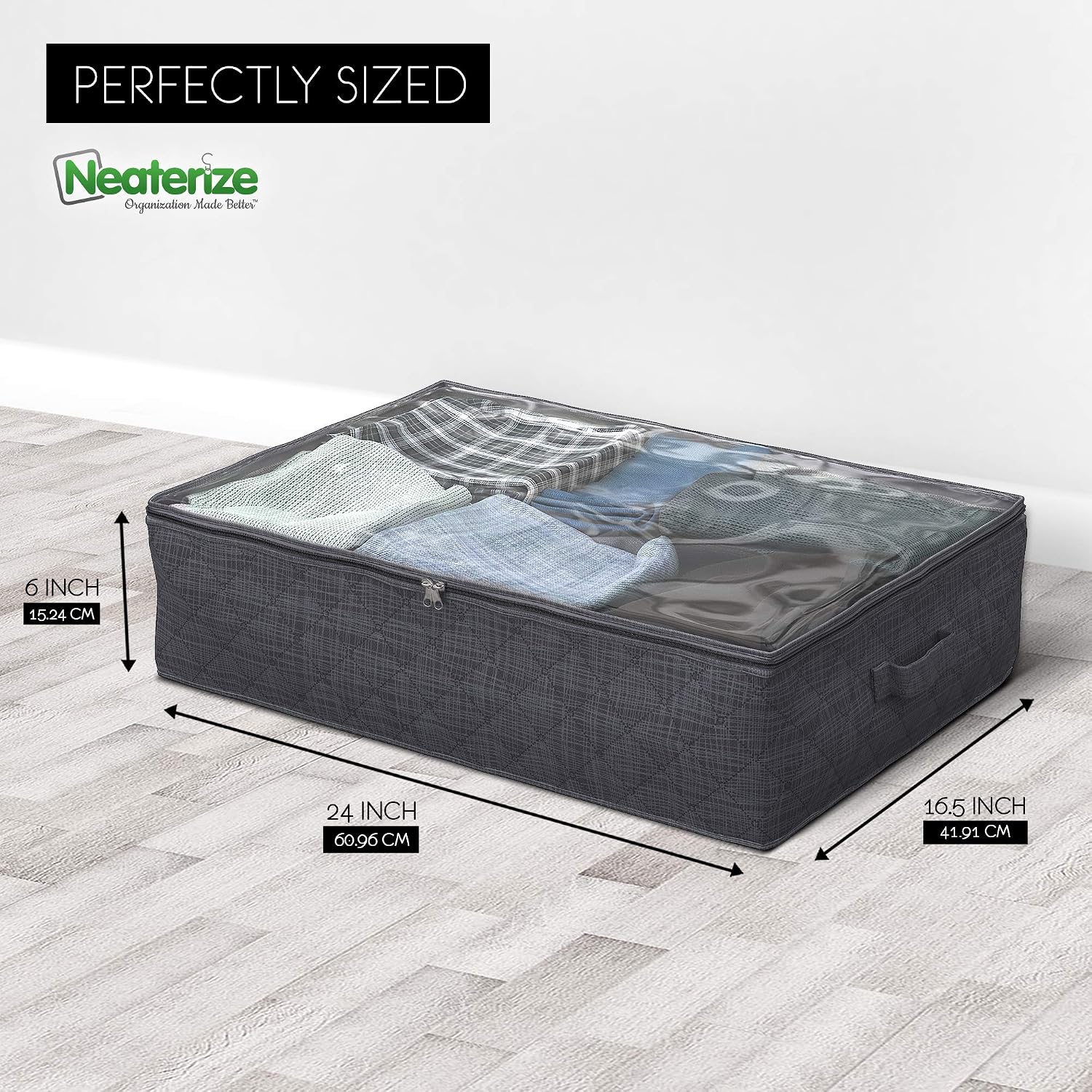NEATERIZE Under Bed Storage Bags | 3-Pack Underbed Clothing Organizer | Ultra Thick Fabric, Reinforced Handles & Zipper | Stackable Organization and Storage Containers for Bedroom [Dark Grey]