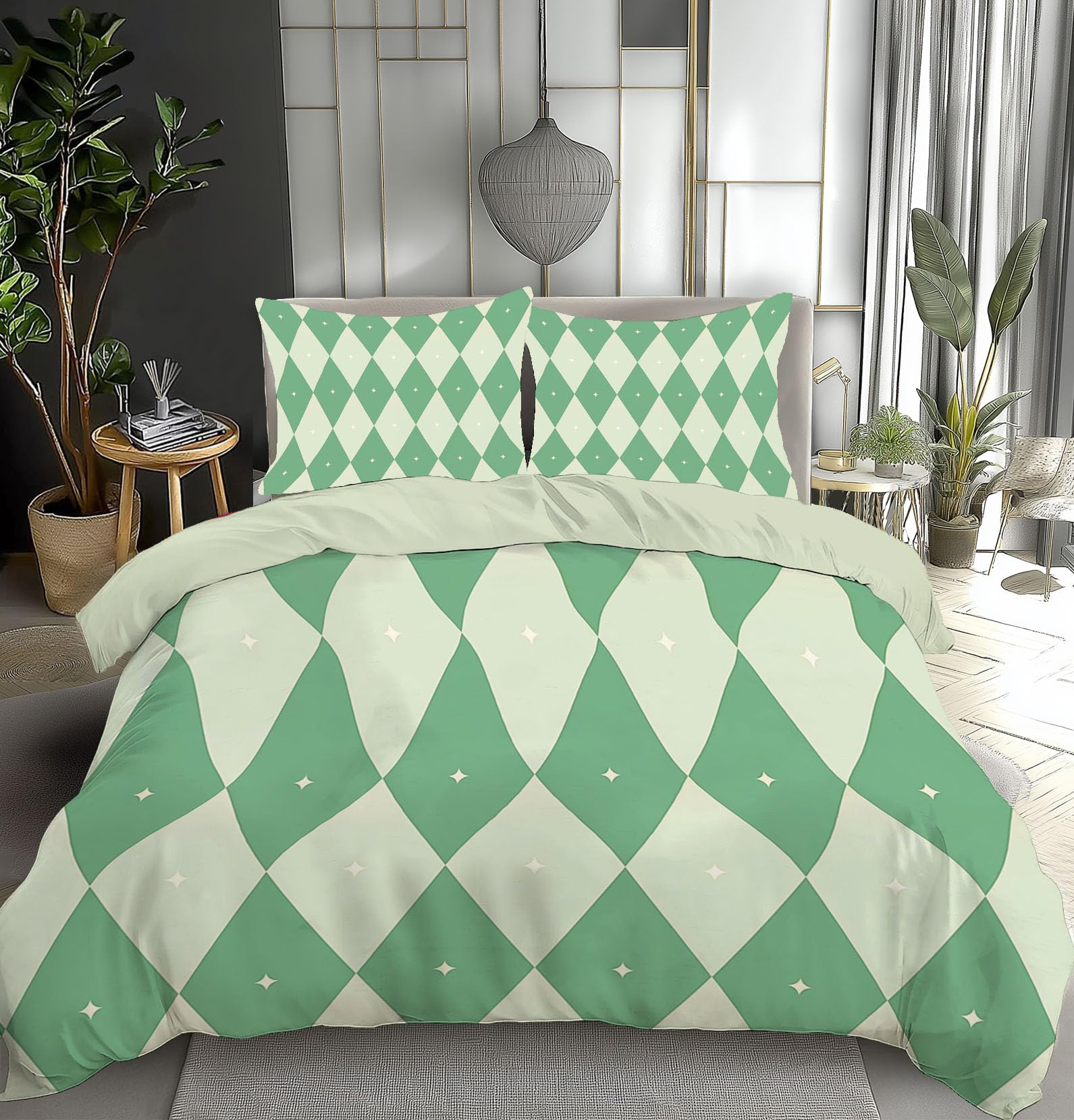 Housse de Couette 240x260cm avec Taies Imprimé Géométrique Vert Blanc