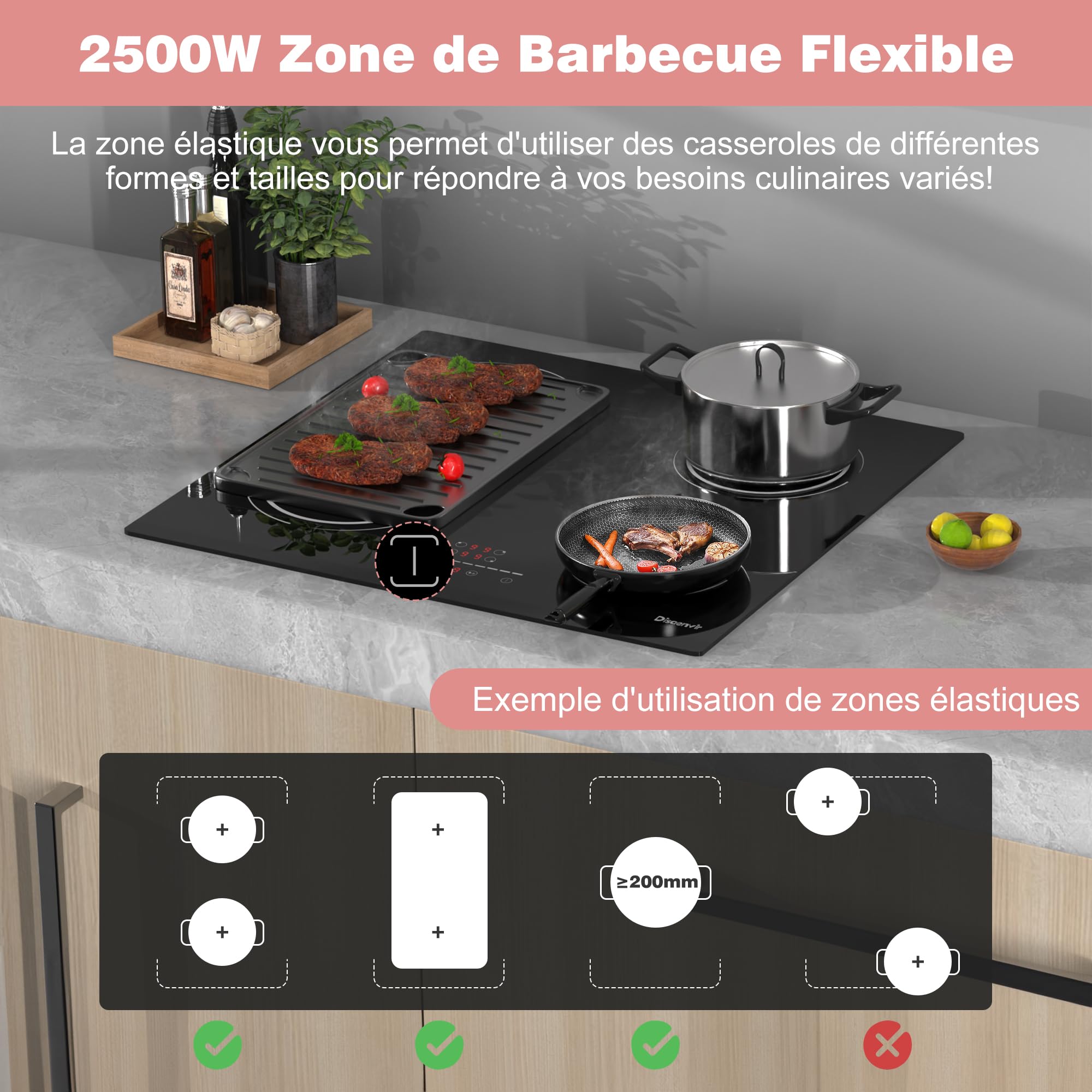 Plaque Induction 4 Feux avec Zone Flexible | Encastrable 60cm, 6400W, Curseur Tactile, Fonction Pause, 9 Niveaux, Minuterie, Verrou de Sécurité, 220V