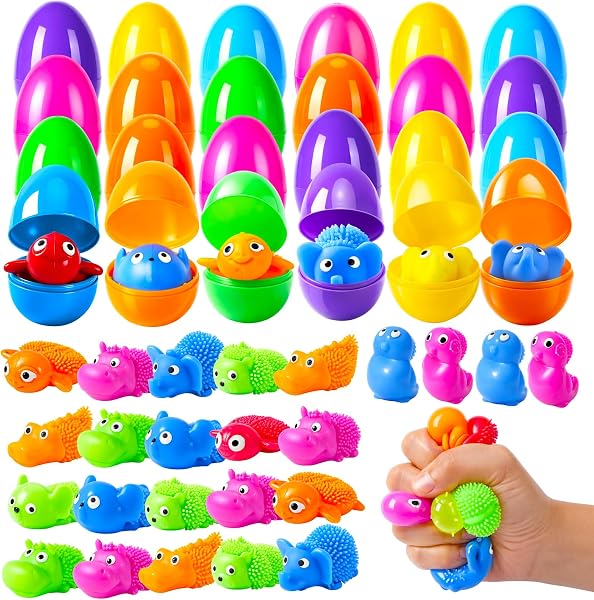 24Pack Easter Prefilled Eggs with Squishy Toys Inside Bright Plastic Easter Eggs Filled Cute Stress Reliever Squishy Toy for Easter Basket Stuffers Animal Easter Egg Filler Classroom Prize Supplies - 1