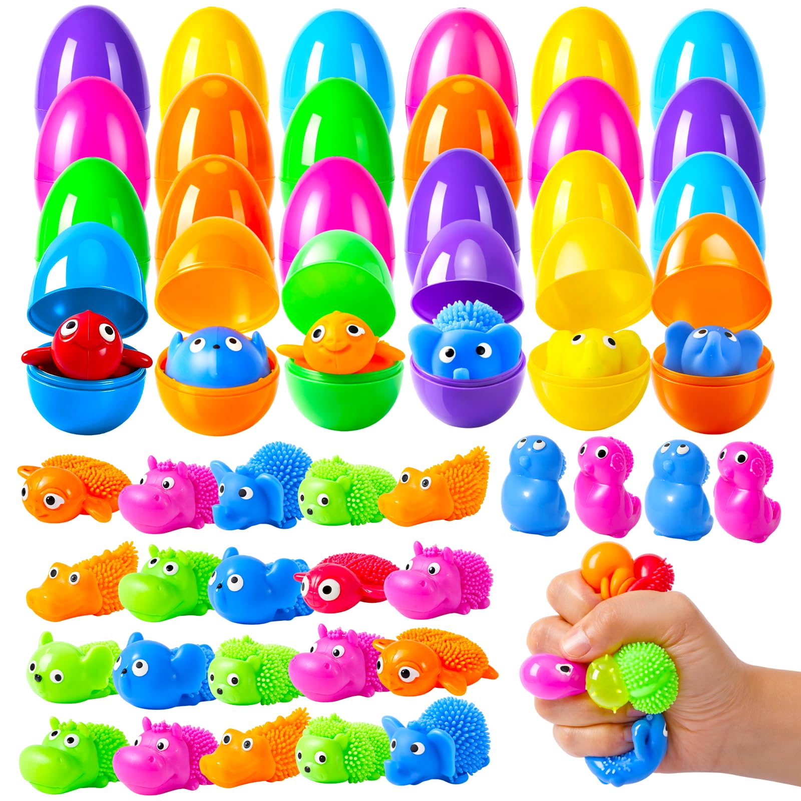 24Pack Easter Prefilled Eggs with Squishy Toys Inside Bright Plastic Easter Eggs Filled Cute Stress Reliever Squishy Toy for Easter Basket Stuffers Animal Easter Egg Filler Classroom Prize Supplies