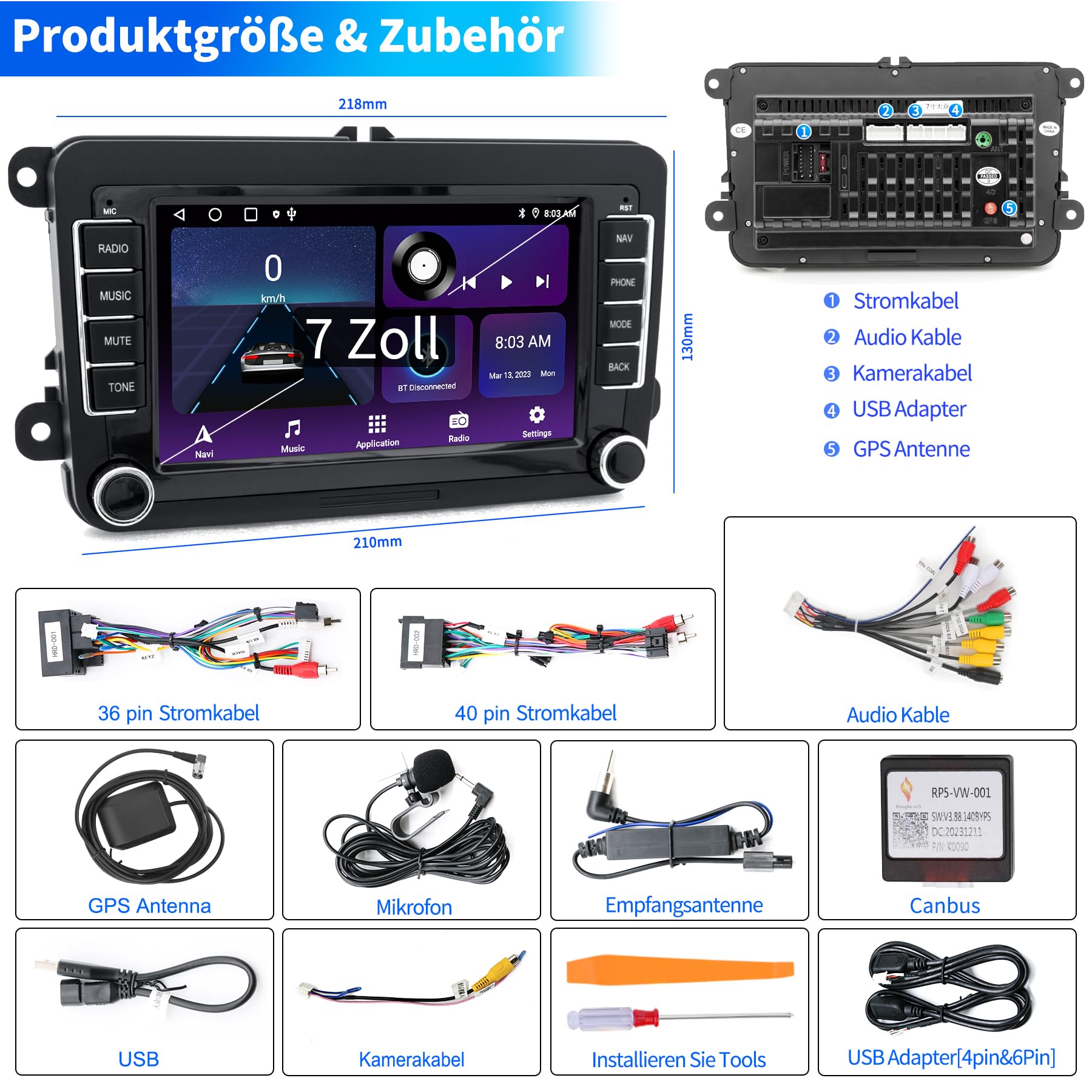 Autoradio für VW Passat Golf Polo Caddy Bettle Touran Tiguan Jetta Seat Skoda, Android 12 System 2G+64G, 7 Zoll Touchscreen Carplay Android Auto Bildschirm GPS Navi WiFi Bluetooth FM RDS Radio