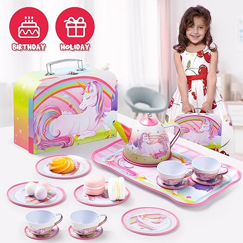 Miniatura 5 de JOYIN Juego de té para niñas pequeñas, juego de tetera de hojalata de princesa, juguete de cocina con tazas, platos y estuche de transporte para