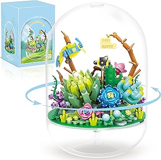 WEMEGA Succulent Building Blocks with 360° Rotating Suspension Dust Cover,Bonsai Model Simulation Mini Particle Flower Botanical Collection Construction Building Toy,Plant Decor for Adult/Kid