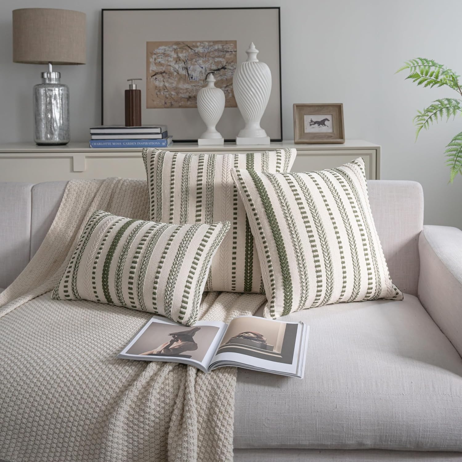 Cethom Green Boho Throw Pillow Covers 20x20 Inch Set of 2, Stripe Textured Decorative Couch Pillow Cases for Bed, Sofa, Living Room, Bedroom, Farmhouse Home Accent Cushion Covers