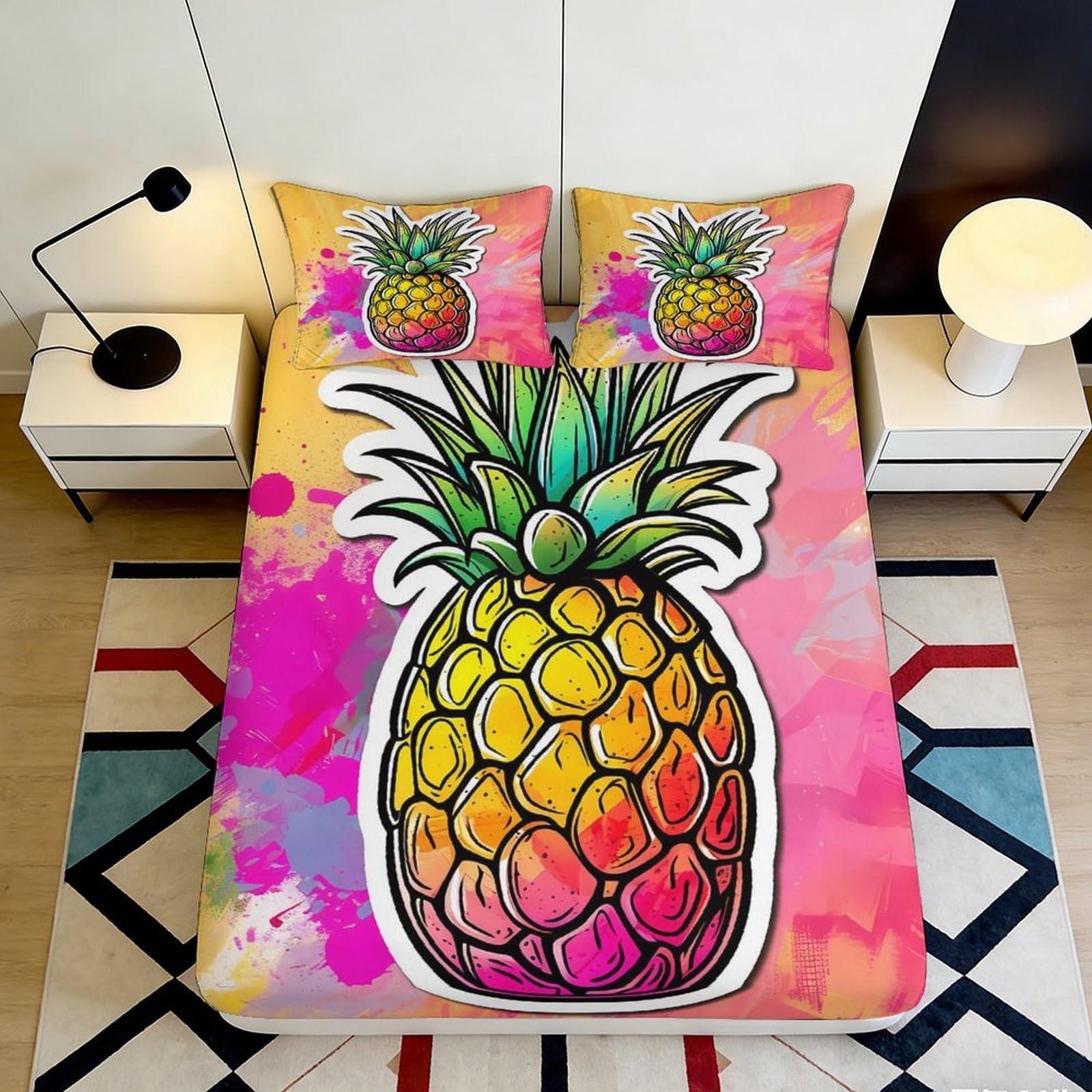 Pnayamiorkfel Style-8 3D Printed Colorful Pineapple Fitted Sheet Microfiber Soft Anti-Slip Tropical Fruit Bed Cover For Bedroom Guest Room Decor 90X200x25cm