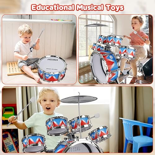 Miniatura 2 de Juego de batería para niños, kit de batería de jazz para niños pequeños, 5 tambores con taburete, pedal de percusión, instrumentos musicales,