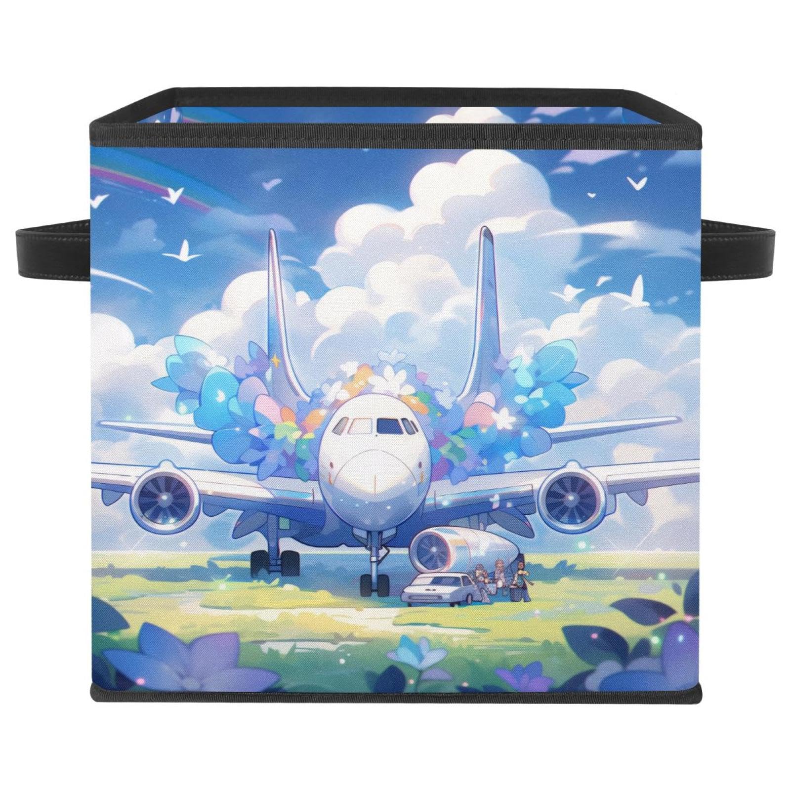 Boîte rangement pliable avion bleu grand cube placard poignées cuir