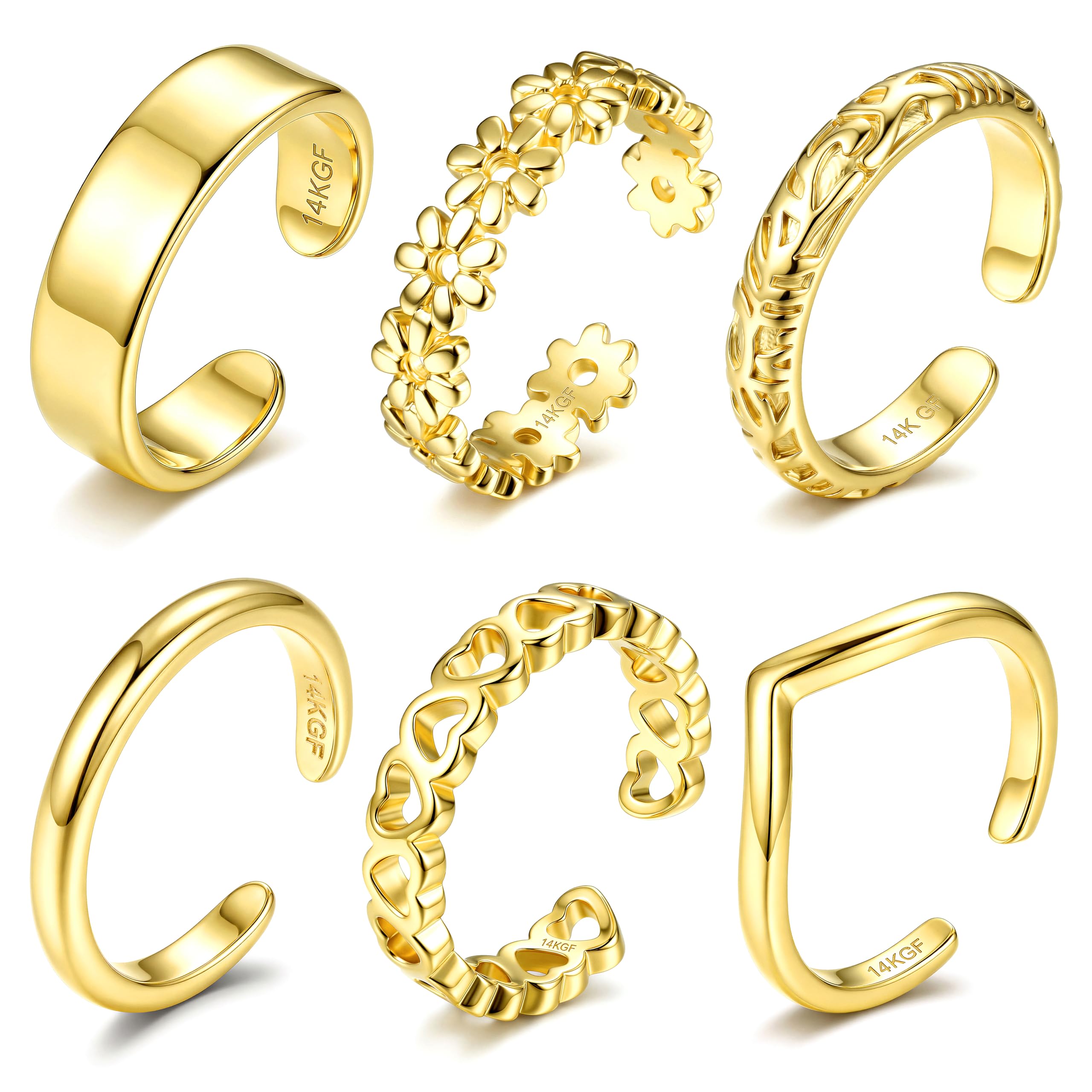 ADRAMARA 6PCS Bagues d’Orteil Femme, Bague de Pied Plaqué Or 14K, Bagues Ouvertes Ajustables avec Zircone CZ, Bijoux de Pied Non Ternissant pour Été Plage Argent/Or