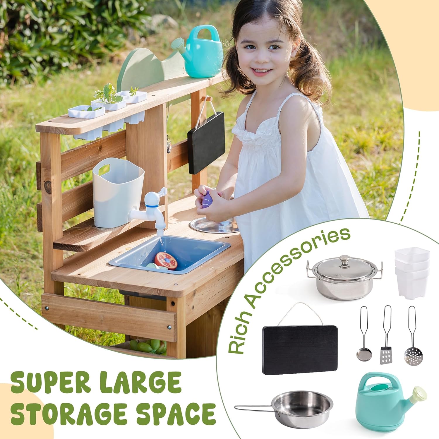 ROBUD Mud Kitchen for Kids Outdoor, Wooden Kids Mud Kitchen with Removable Sink, Planting Cup, Oven, Chalkboard, Utensils & Storage, Green Outdoor Play Kitchen for Ages 3+