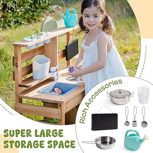 Miniatura 5 de ROBOTIME Cocina de barro, cocina de juego al aire libre para niños, juego de cocina de barro de madera con fregadero extraíble y pizarra, accesorios