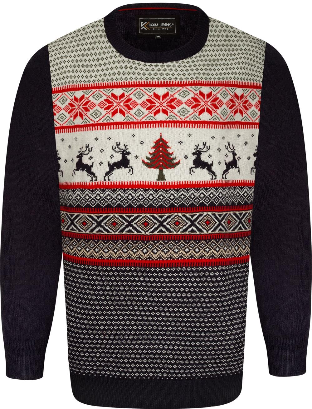 Kam Men's Blue Reindeer Xmas Jumper Christmas Crew Neck Sweater Plus Size 2XL-8Xl X031 (Uk, Alpha, 7XL, Plus, Regular, Navy)