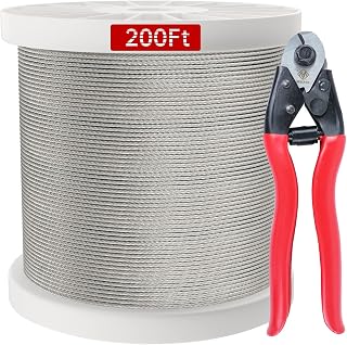 200ft 1/8" Wire Rope T316 Stainless Steel Marine Grade Cable Railing System Decking Aircraft Cable Hardware 7x7 Strands Indoor Outdoor DIY Balustrade Hanging with 1pc Cable Cutter WR02, WP1