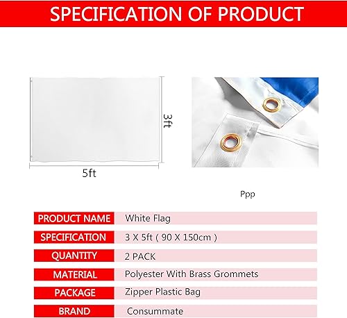 Miniatura 2 de Consummate Bandera blanca sólida de 3 x 5 pies, banderas blancas lisas de poliéster con ojales de latón, paquete de 2