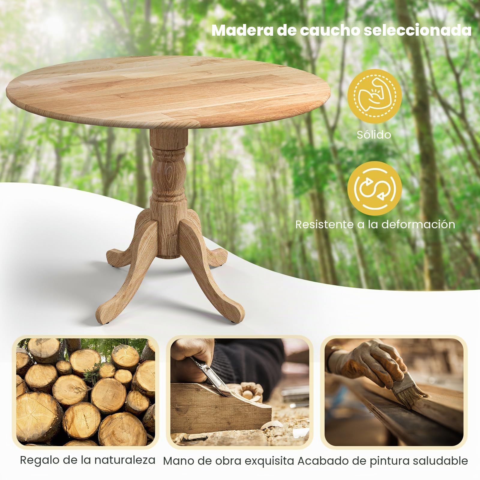 GIANTEX Mesa de Comedor Redonda 100 cm, Mesa de Cocina de Madera de Caucho para 4 Personas, Base de Pedestal, Estilo Rústico, para Restaurante, Cafetería (Natural)