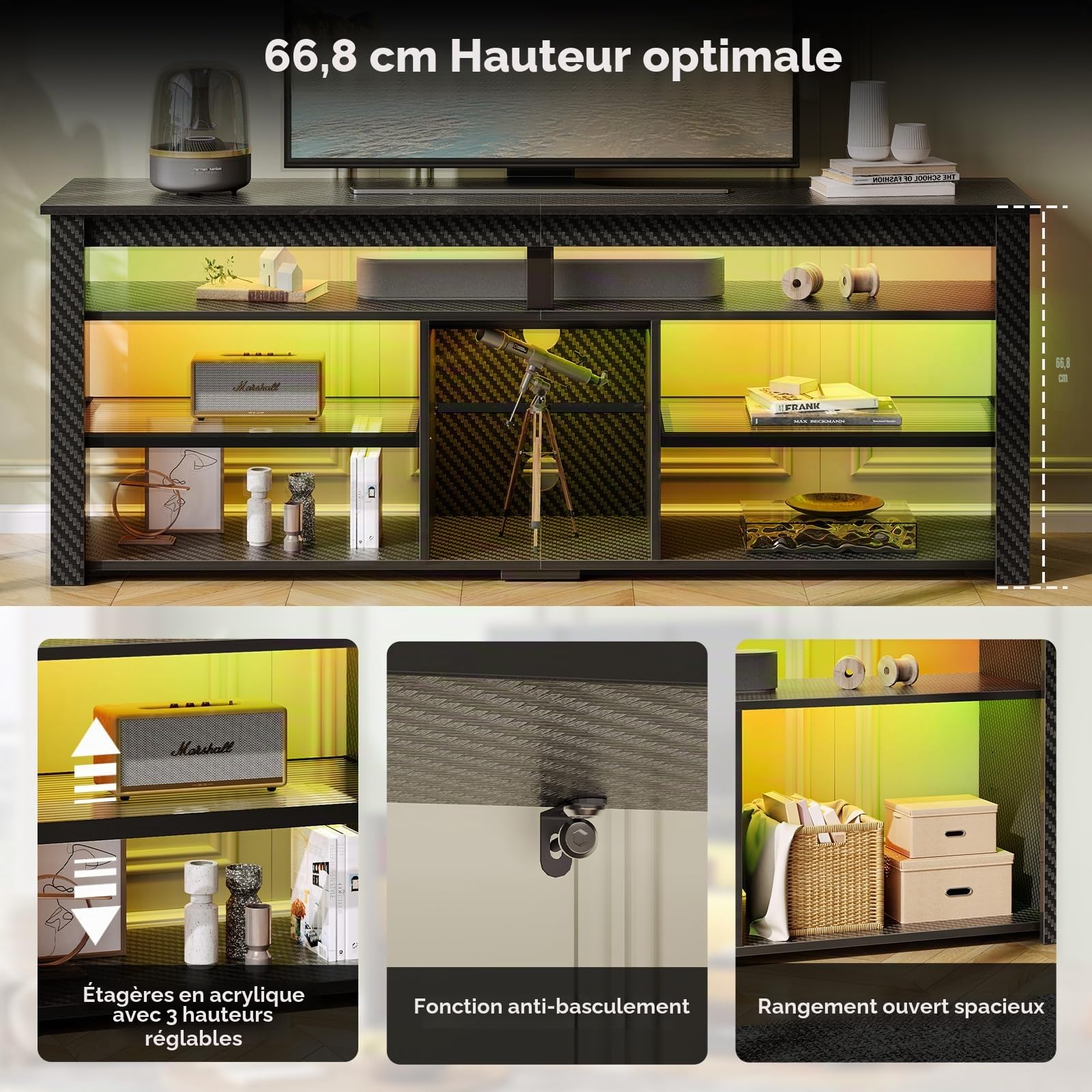 Bestier Meuble TV pour téléviseur 70 Pouces, Centre multimédia Haut avec 2 éclairages LED, Console de Jeux avec Rangement pour PS5, Meuble TV Moderne pour Chambre ou Salon, Fibre de Carbone Noire