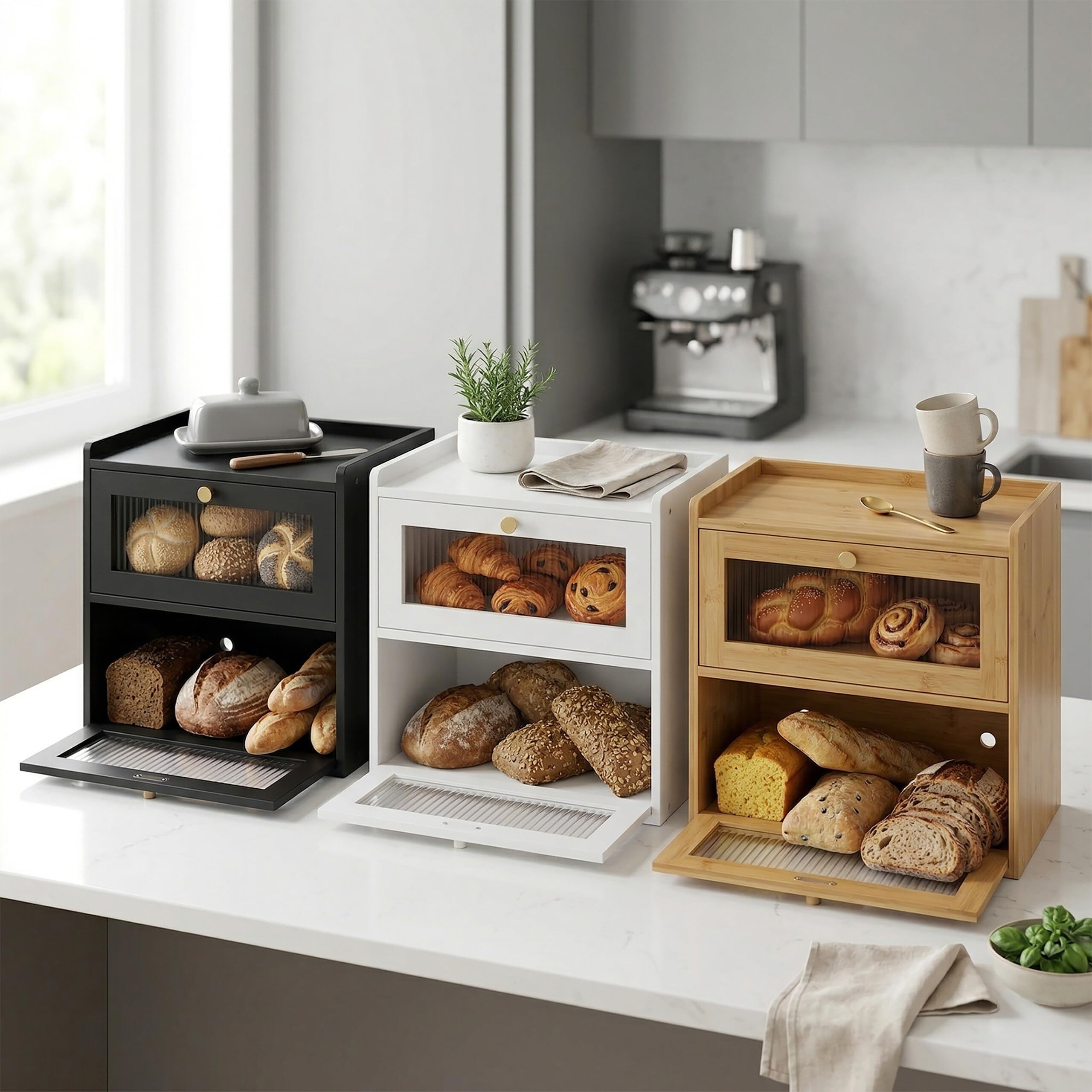 Relaxdays Portapane in bambù 2 Livelli, con finestrelle e sportelli a ribalta, 34 x 36,5 x 24 cm, Bianco