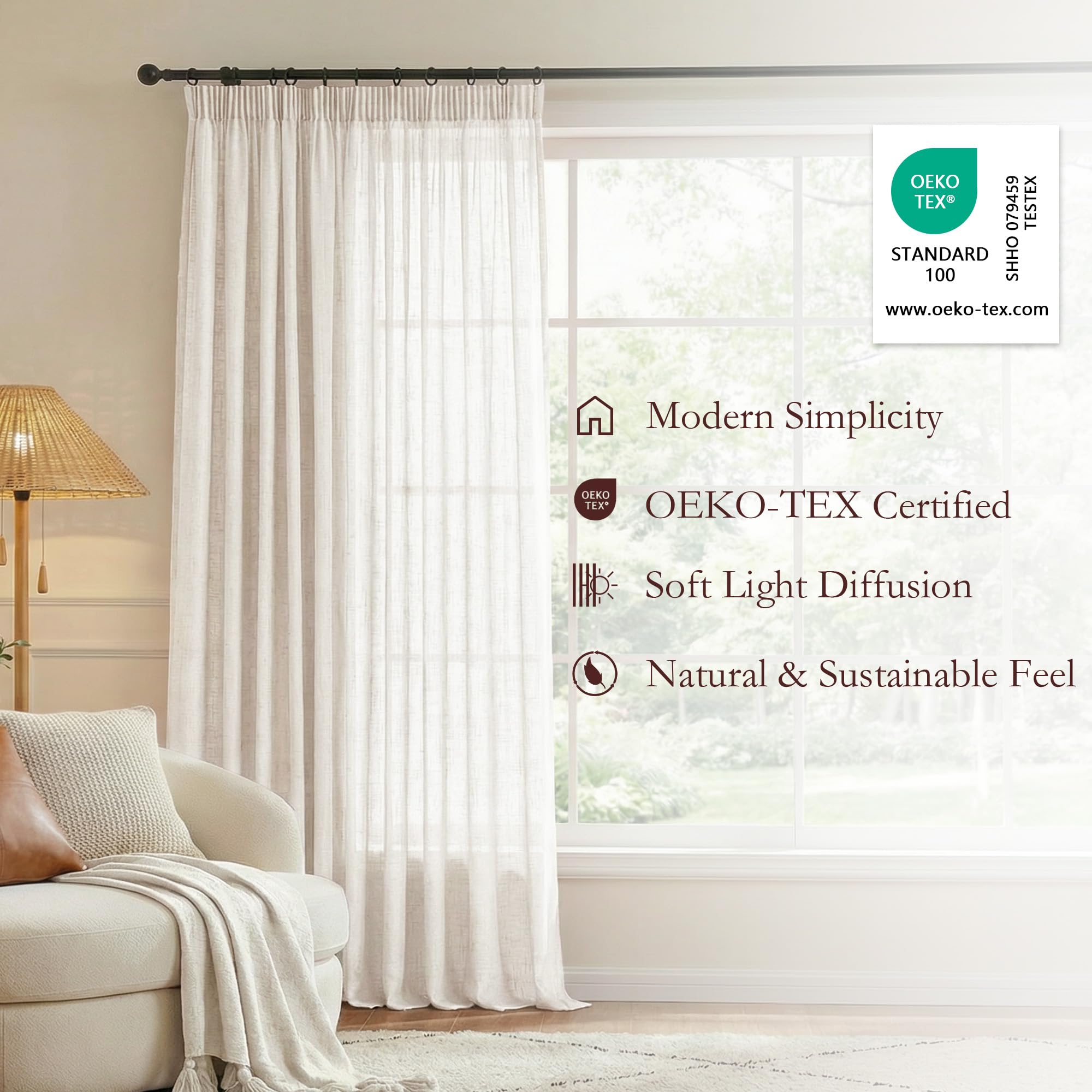 Elfenbeinweiß Vorhänge mit kräuselband Leinen-Gardinen Halbtransparent Wohnzimmer Modern Schlafzimmer Vorhang Schienensystem Lichtdurchlässig Gardine Boho Deko Skandinavischer Stil 140x240 cm 2er set