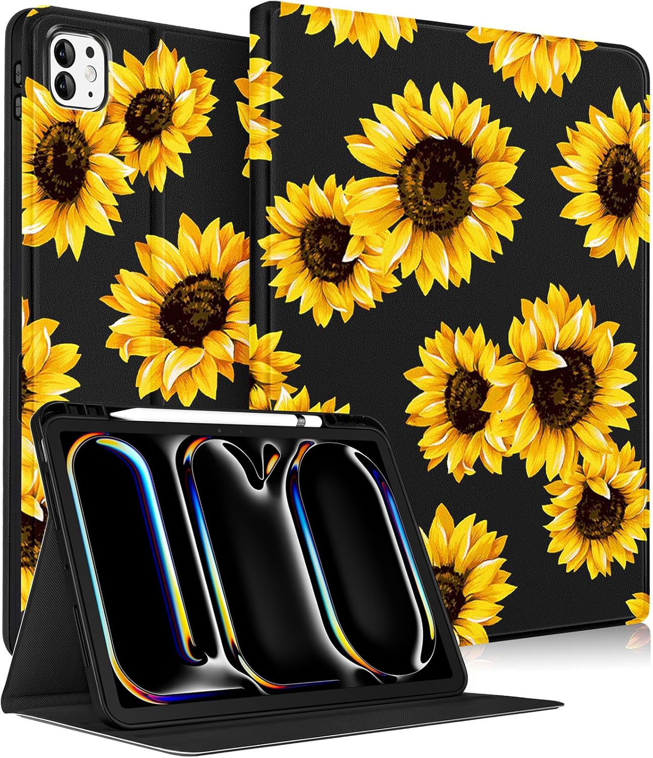 Uppuppy for iPad Pro 13 Inch Case 2024 - Women Girls Cute Folio Smart Cover with Pencil Holder Sunflower Girly Pretty Unique Aesthetic for iPad Pro M4 13 Inch Cases A2925 A2926 A3007