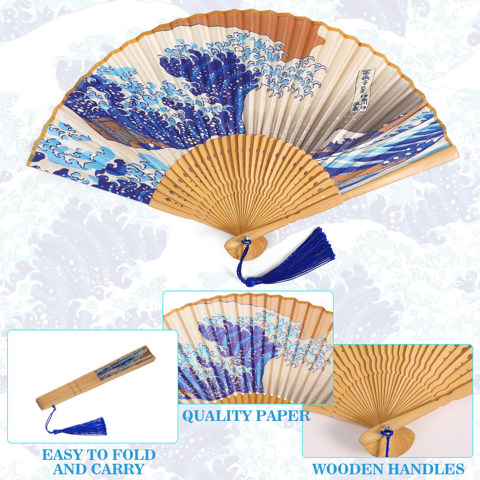 Grevosea Folding Hand Fan for Women and Men- Elegant Bamboo and Silk Fans Wooden Folding Bamboo Gan Hand Fans for Weddings Parties and Home Decor - Image 3