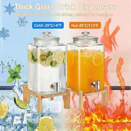 Miniatura 4 de Paquete de 2 dispensadores de bebidas de vidrio de 2.6 galones para fiestas, dispensador grande de bebidas de agua con soporte de madera y tapa de