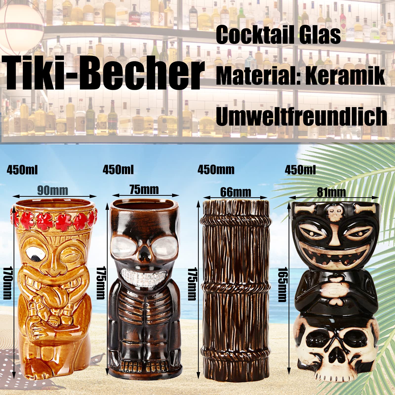 Tiki Mug, Hawaii Tiki Cup, bicchieri da cocktail, ceramica, set di 18 tazze, tazze da cocktail, per feste esotiche