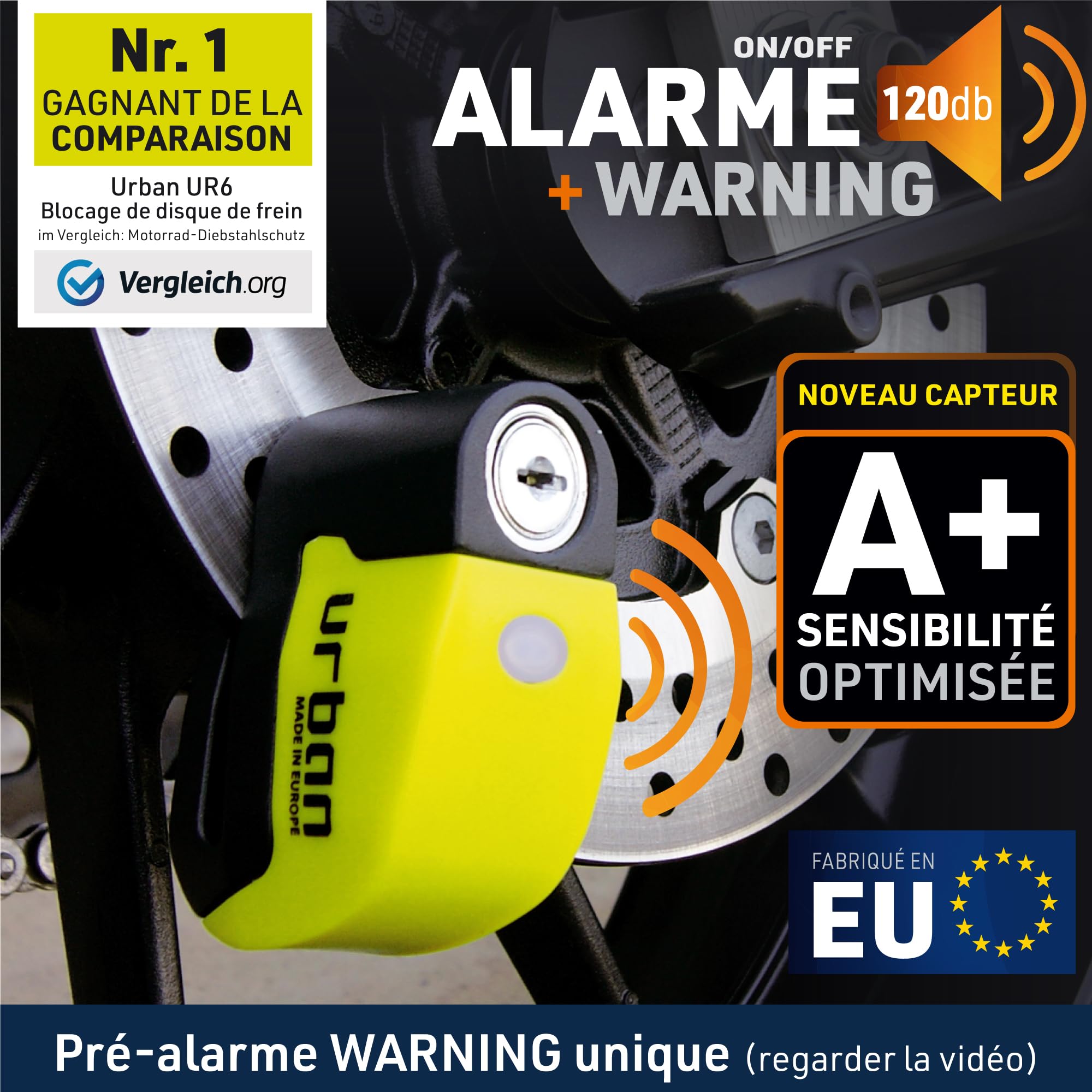 URBAN UR6 Antivol Moto, Bloque Disque avec Alarme intelligent | Plus Efficace | Hi-Tech, 120dB, LED, Warning, Sensibilité A+, Trés Étanche, Batterie Long Durée, Cadenas Bloc 6mm Universel Scooter Vélo