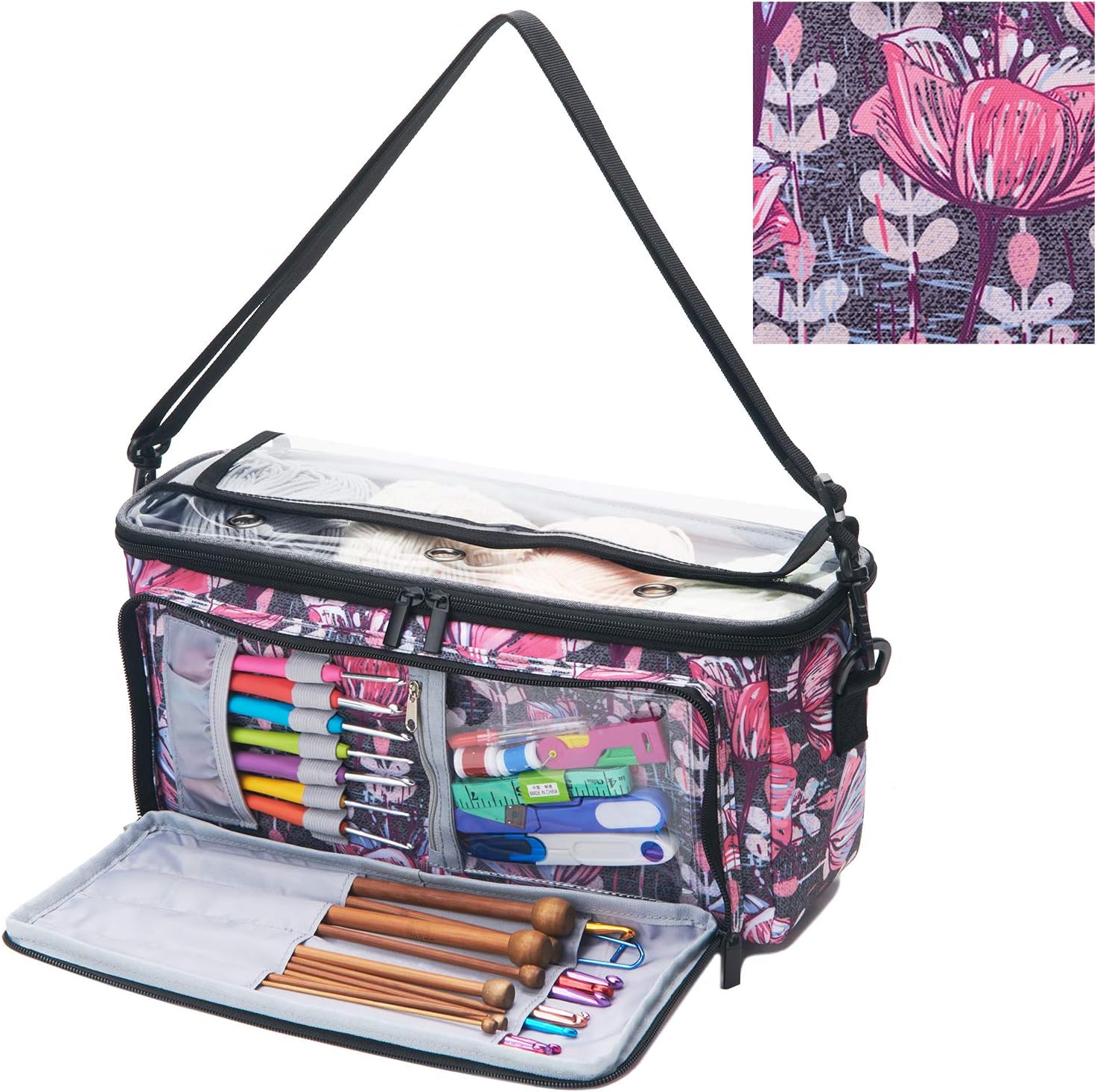 VOSDANS Yarn Storage Bag Organizer with 3 Holes, Knitting Tote Bag for Yarn and Unfinished Project, Organizer Pockets for Knitting Needles, Crochet Hooks and Other Accessories, Flower (Bag Only)