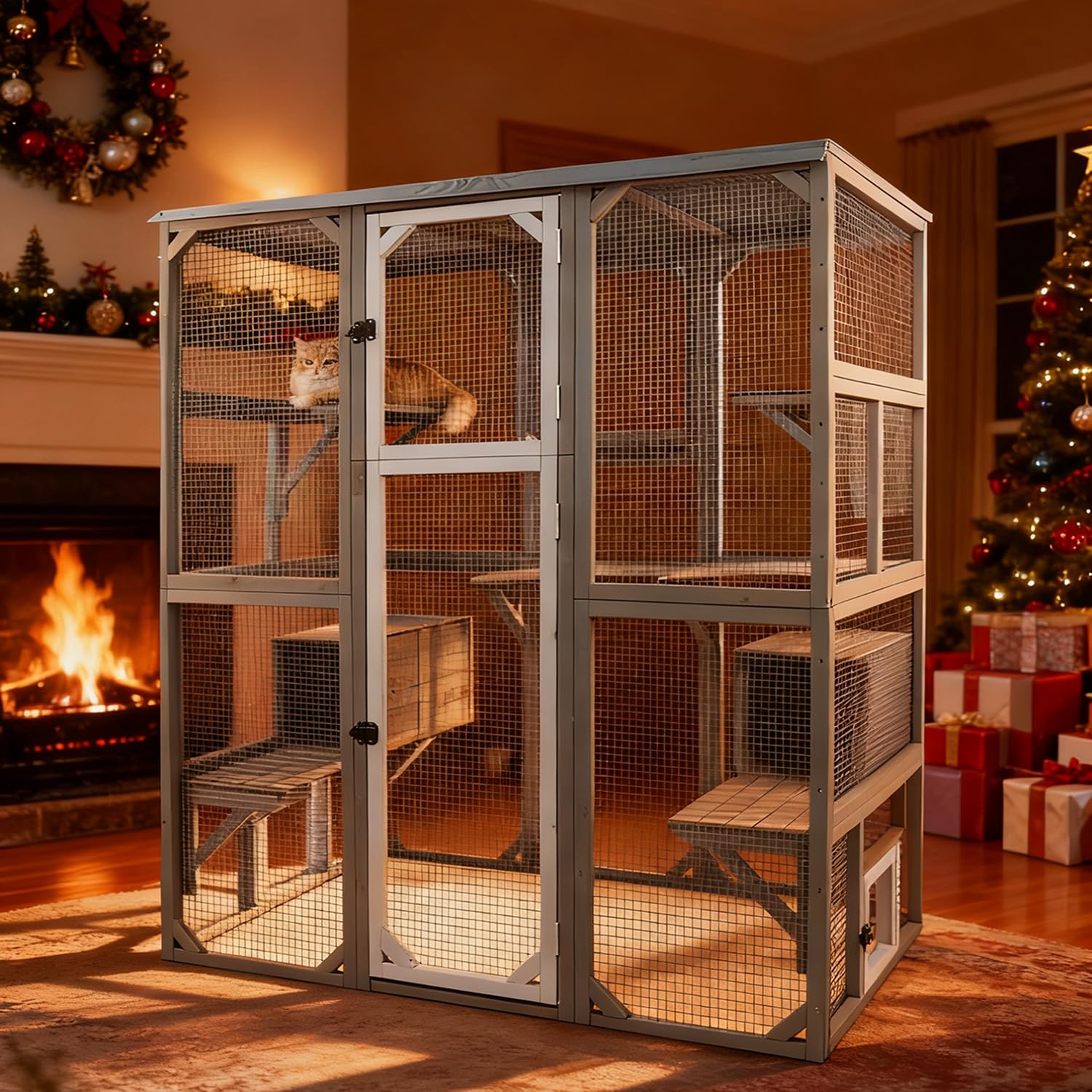 Catio Outdoor Cat Enclosure Large Window Cat House Walk in Kitty Cage with Multi-Level Platforms, Waterproof Roof for Mulitiple Cats (59" L x 29.5" W x 67.7" H)