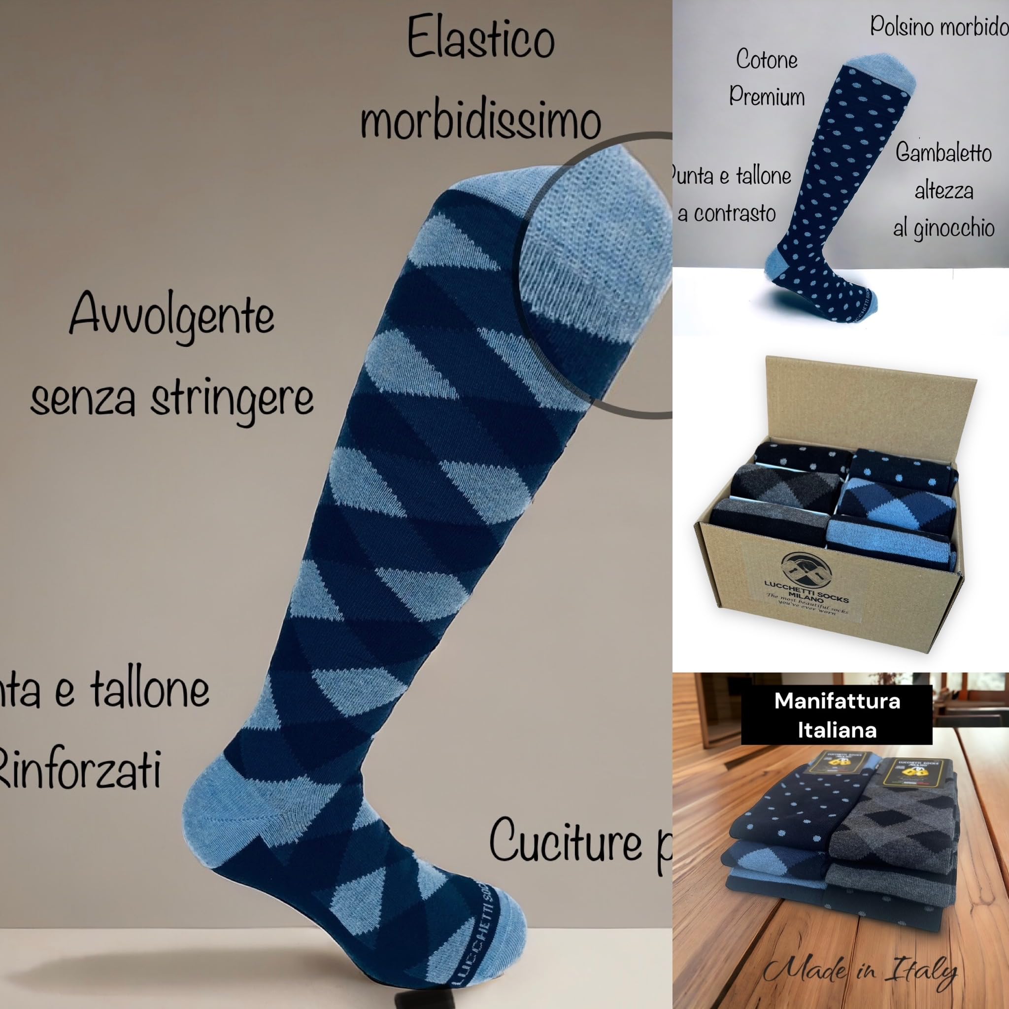 Lucchetti Socks Milano Pudełko Pomysł na prezent 6 par fantazyjne skarpety męskie długie wykonane we Włoszech kolorowe zimowe kropki paski wygodne, Zestaw I Love You, rozmiar uniwersalny