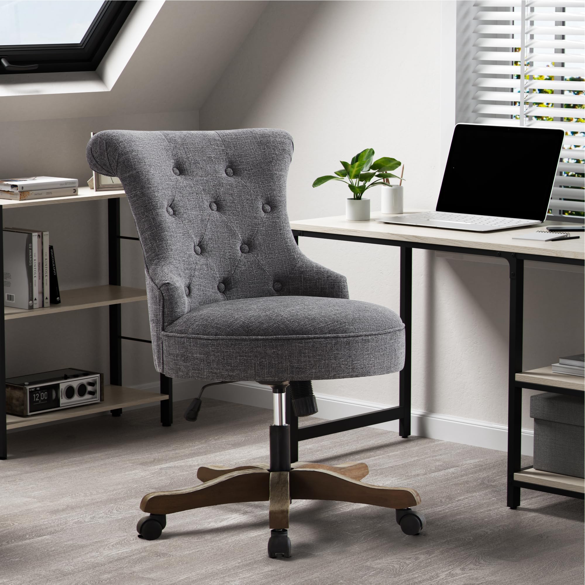 HUIMO Home Office Chair Upholstered Armless Desk Chair with Wheels Adjustable Height Computer Desk Chair with Wooden Legs Linen Fabric Comfortable