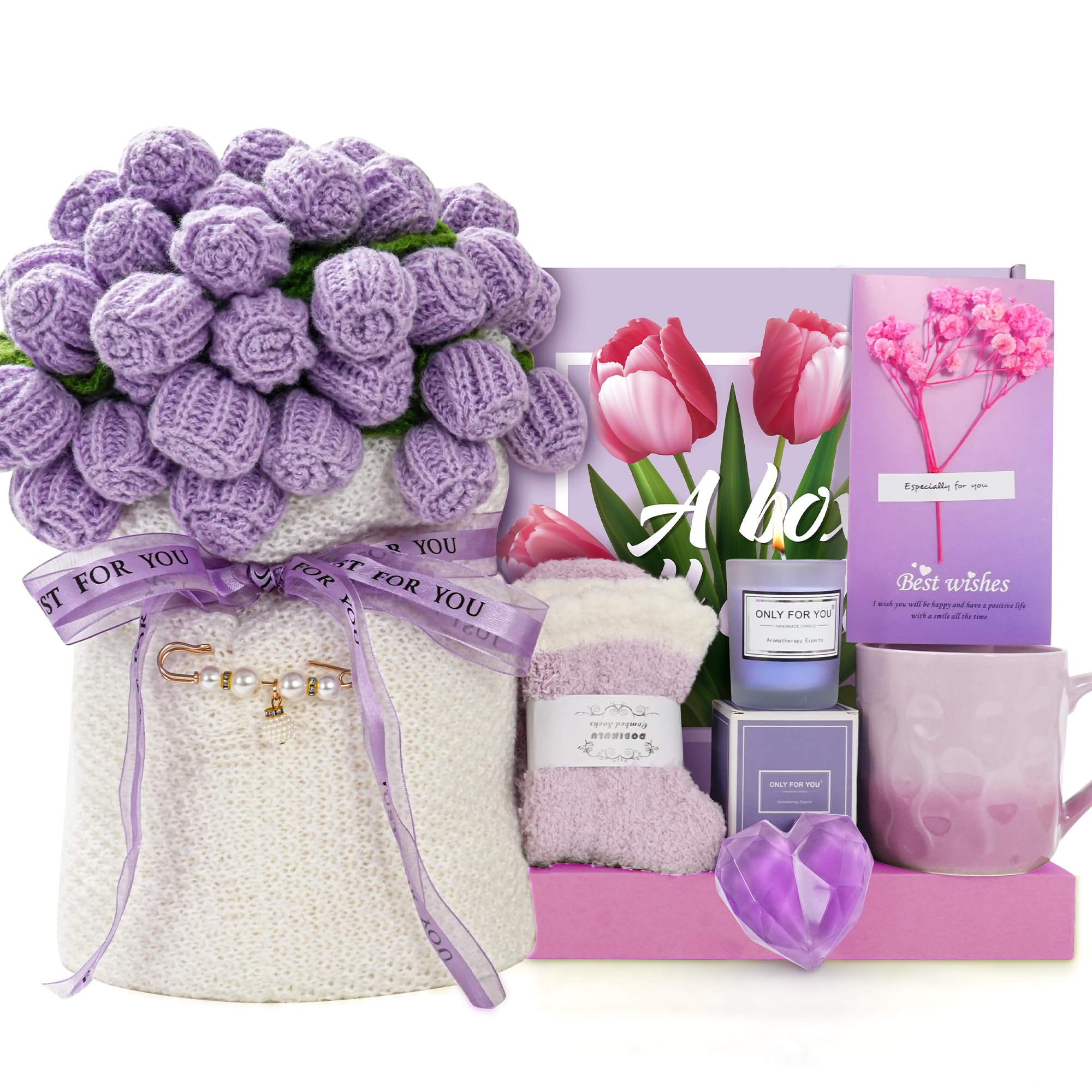 Mothers Day Birthday Gifts for Women Self Care Package Get Well Soon Gift Baskets, Thinking of You Sympathy Spa Gift Set w/Crochet Flower Bouquet, Unique Gifts for Women Mom Sister Grandma Friends-image-43